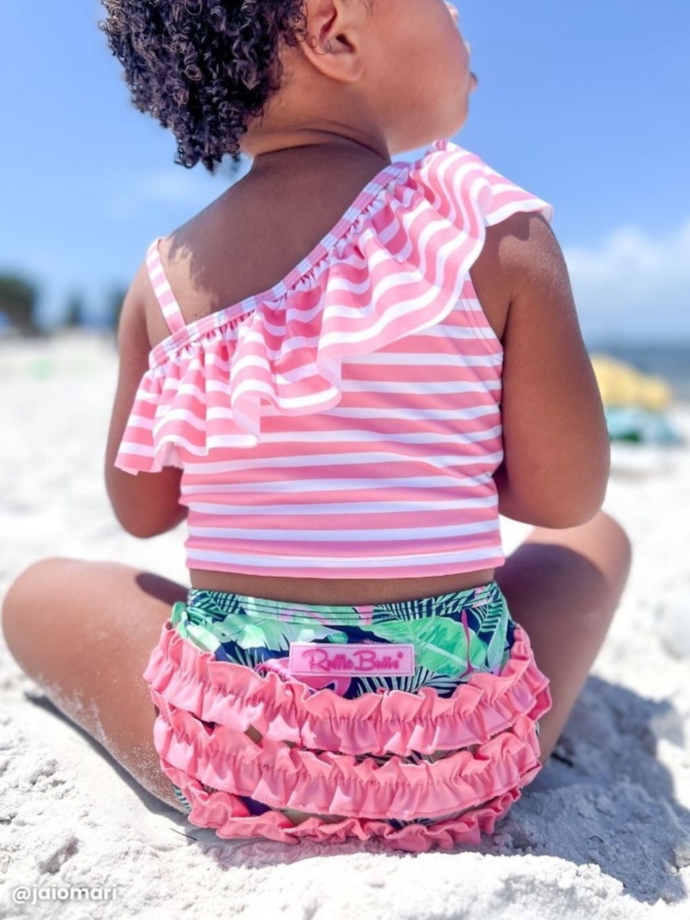 Ruffle Butts Pink Striped One-Shoulder Ruffle Bikini with Flamingo Print Bottoms